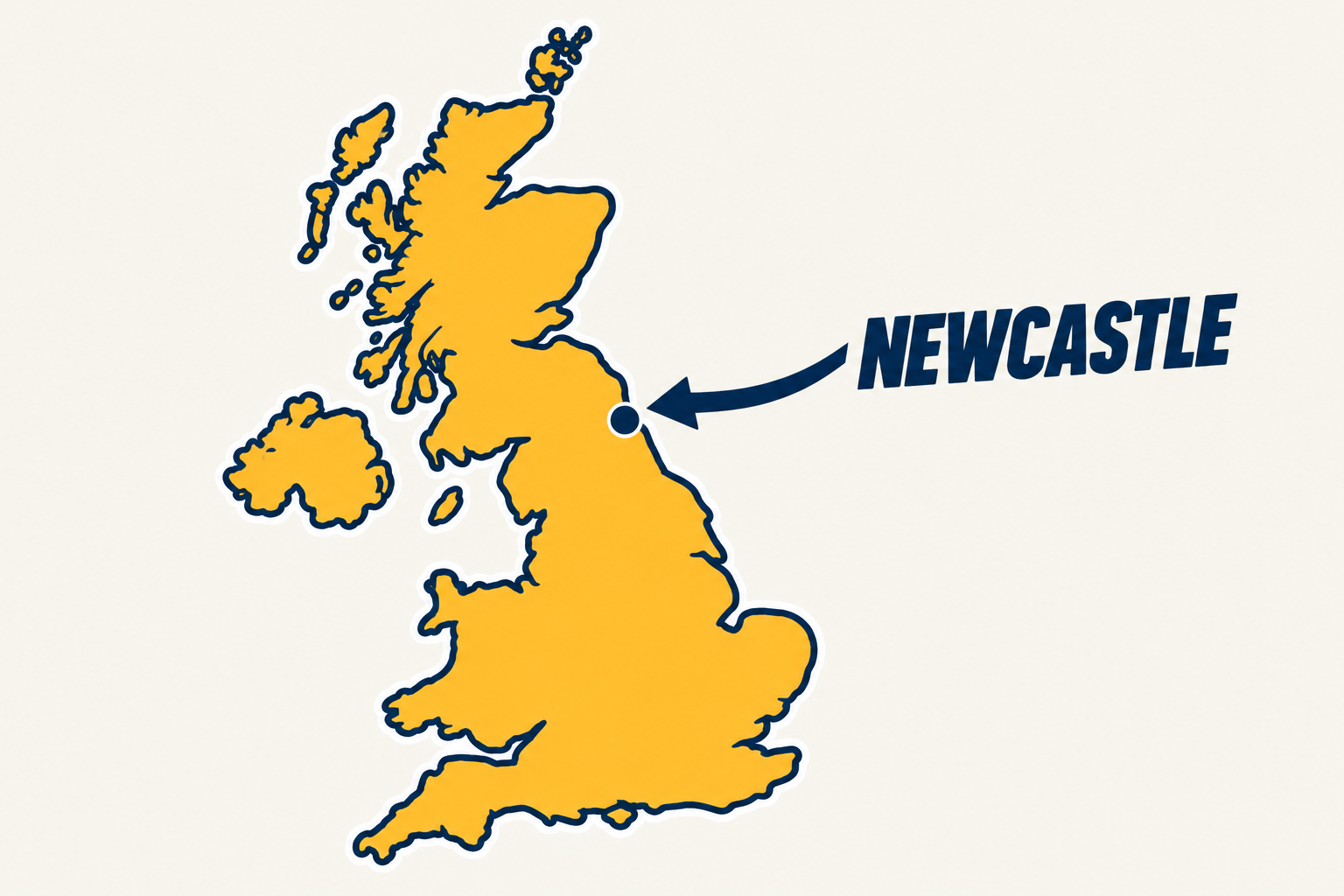 Simple UK outline with an arrow pointing to Newcastle upon Tyne